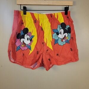 Vintage Mickey Mouse Shorts L Disney Tropical Hawaiian Red Yellow Cotton Elastic
